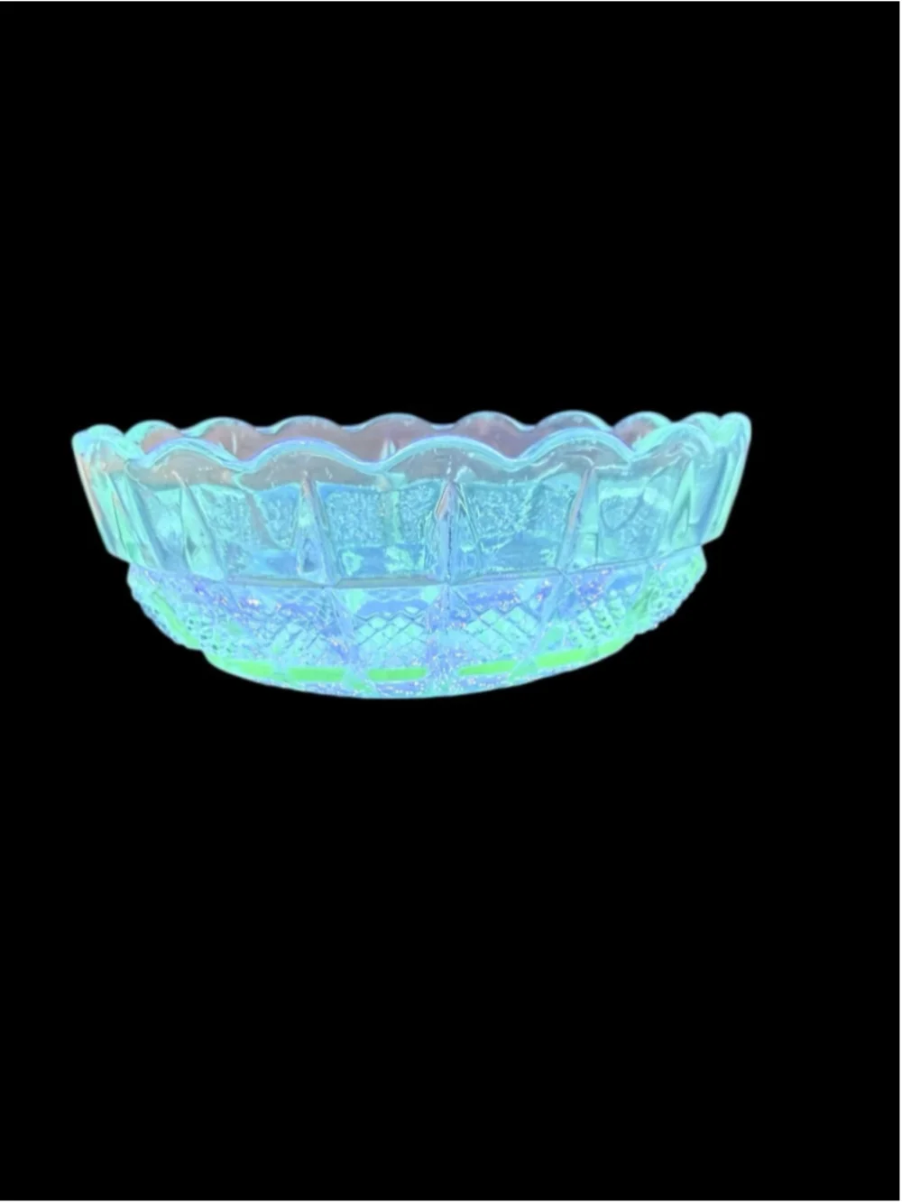 Antique EAPG Diamond Panel Uranium Glass Nappy Dish – Starburst Base – c.1890